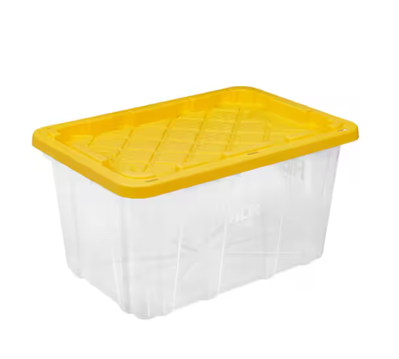 clear 27gal bin with yellow lid