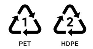 PET and HDPE plastics #1 and #2 recycling symbols