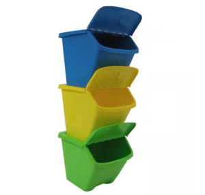 tricolored stacked recycling bins with lids